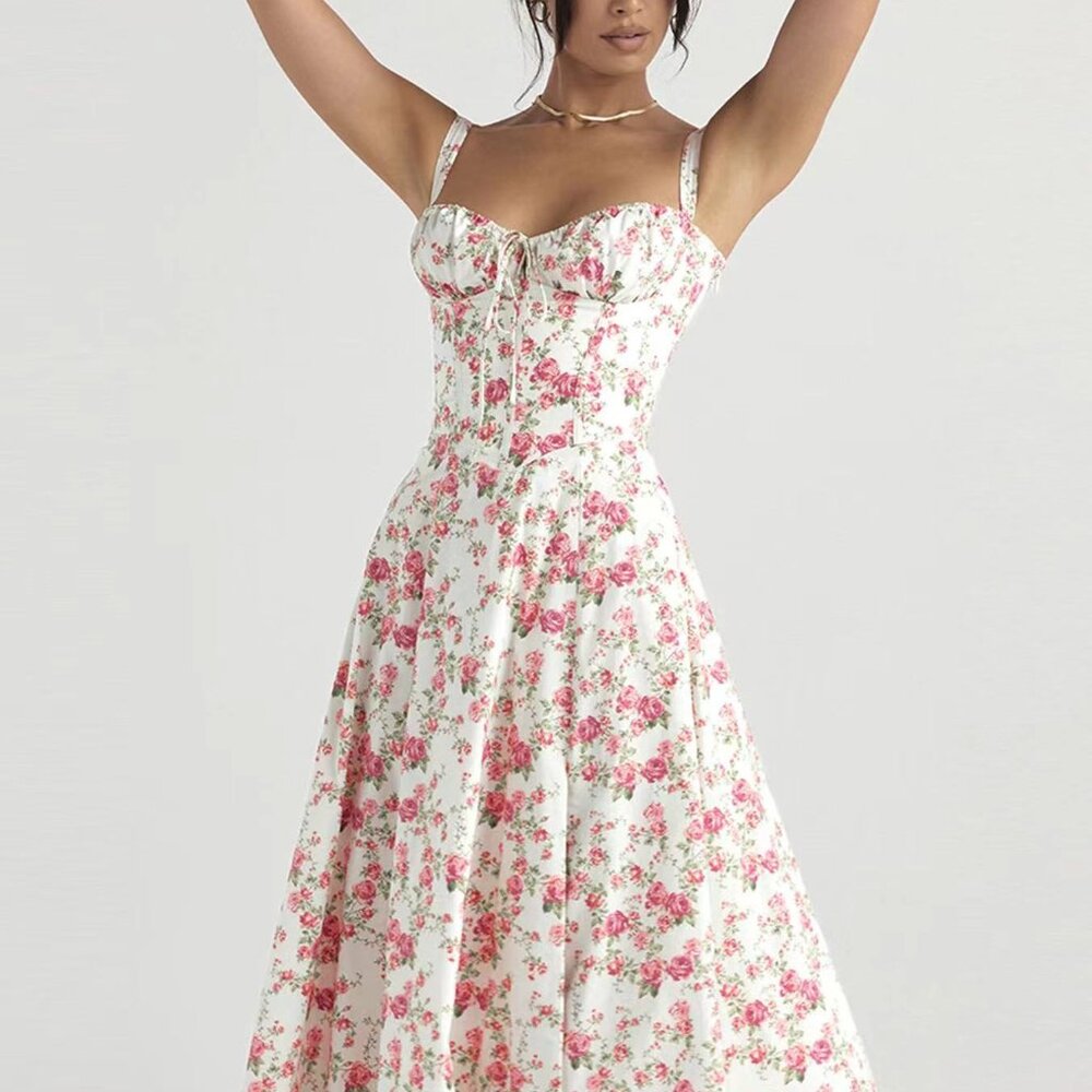 Floral waist slit suspender dress
